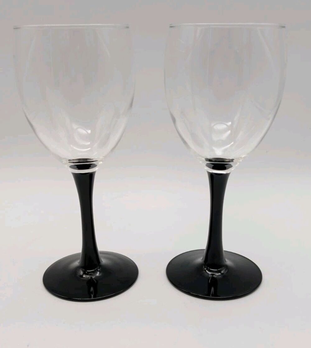 2 Vtg Domino Wine Water Goblets 6.75" Black Stem